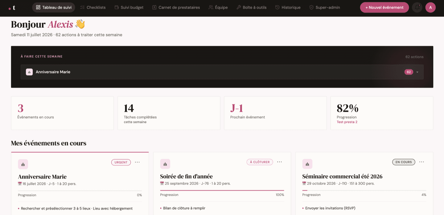 Tableau de bord de traame, outil SaaS développé pour l’agence Bécot : événements en cours, tâches de la semaine et progression